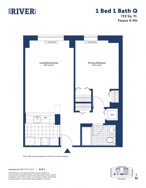 Floor plan for 1 bed, 1 bath, 719 sqft